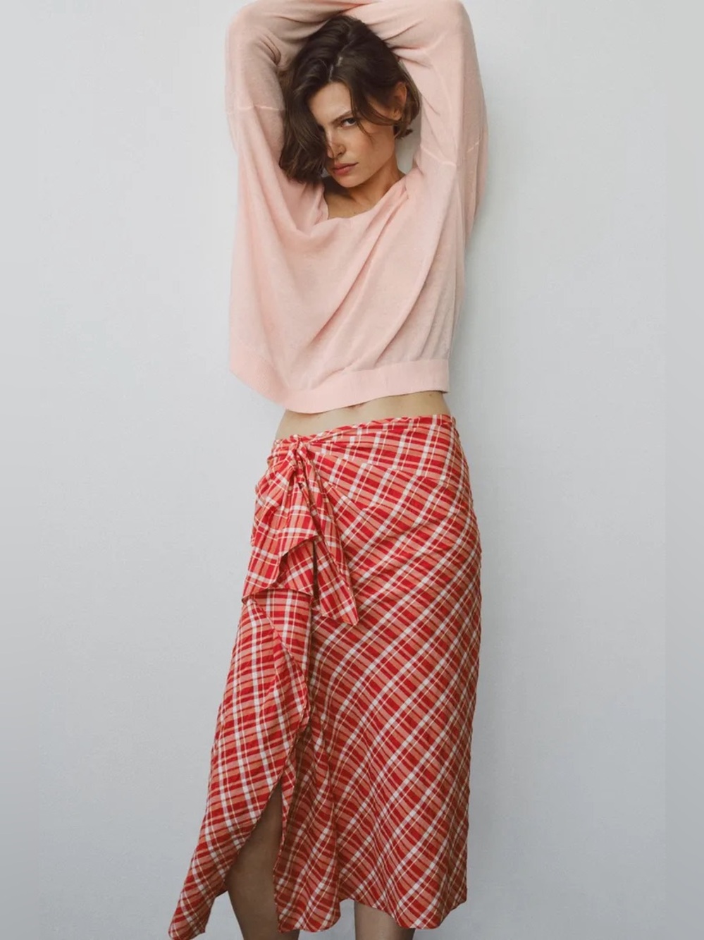 Zara Red Plaid Wrap-Style Midi Skirt. POP. Last chance!